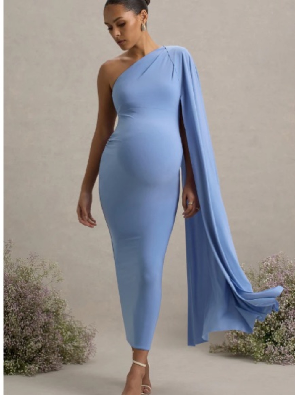 Club L London One-Shoulder Draped Column Dress in Light Blue